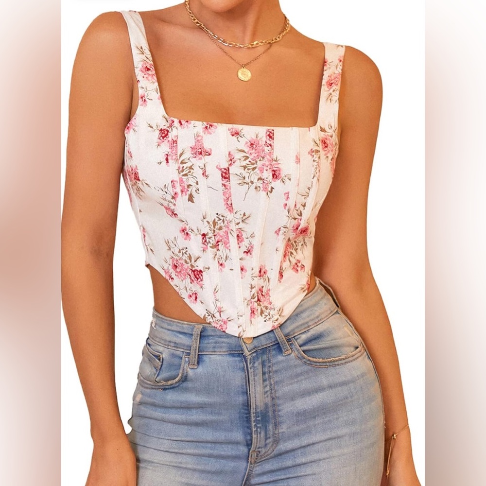 Going Out Top - PARTHEA Women’s Square Neck Pink Floral Corset Top